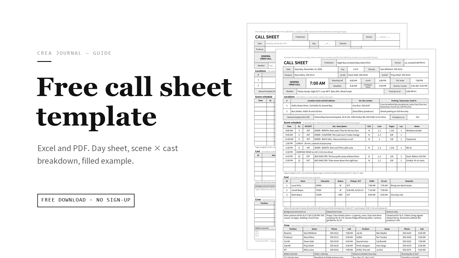 Free call sheet template for film and video (Excel and PDF)