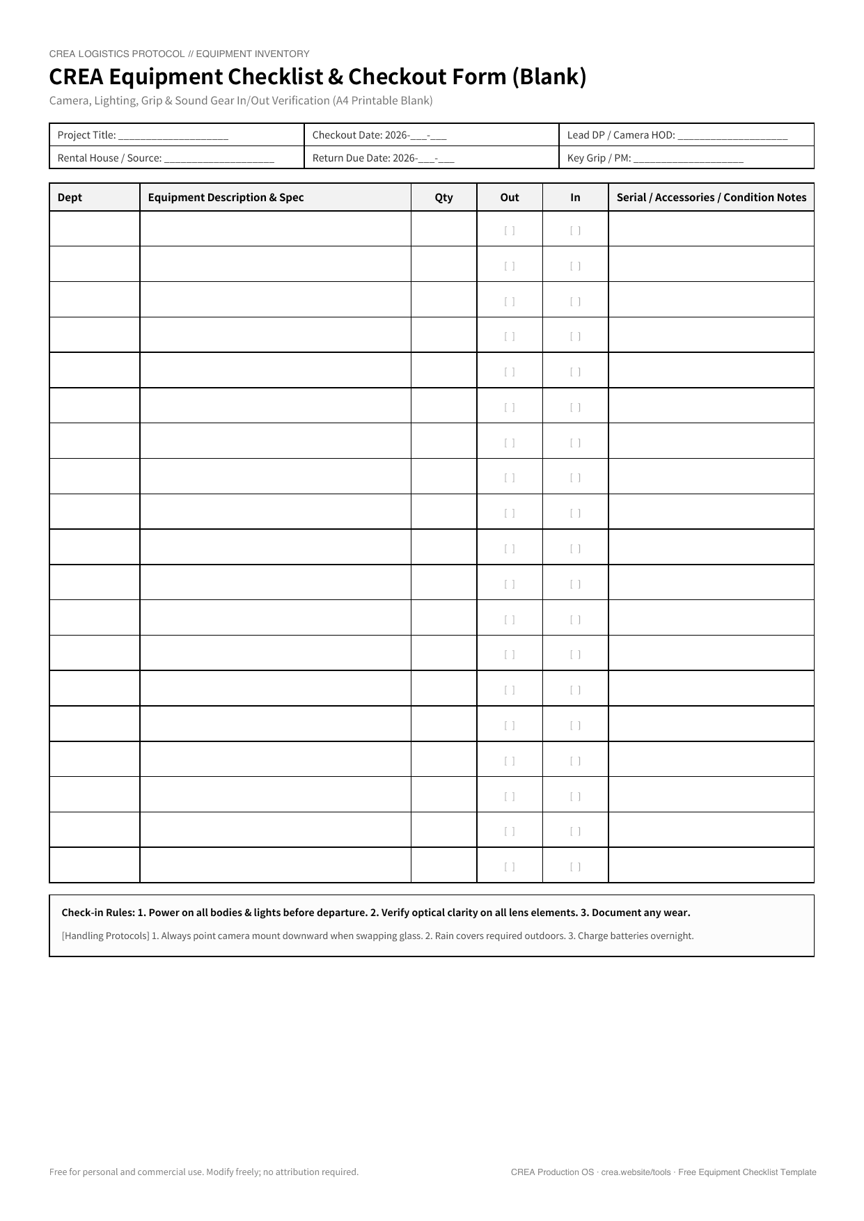 Free Film Crew Equipment Prep & Gear Checklist Template (Excel & PDF) | Camera, G&E, Sound