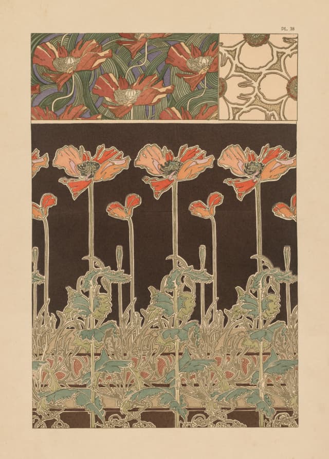 Mucha's pattern plates are the system behind the posters. Show the system, never the poster.