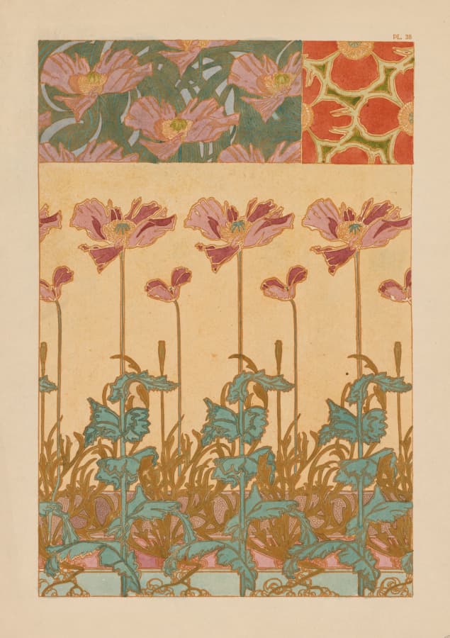 Poppies as a repeat. Pair with a photograph of a single poppy. The story is in the gap between them.