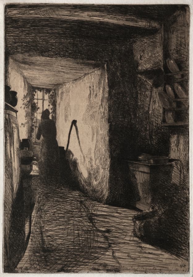 Whistler's kitchen: a corridor of light to one figure. Walls dark, dress the far end, leave the middle alone.