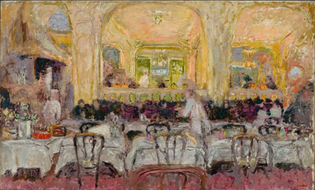 Two people at the next table, not ours. The scene is theirs; we only overhear. Cut on the waiter.