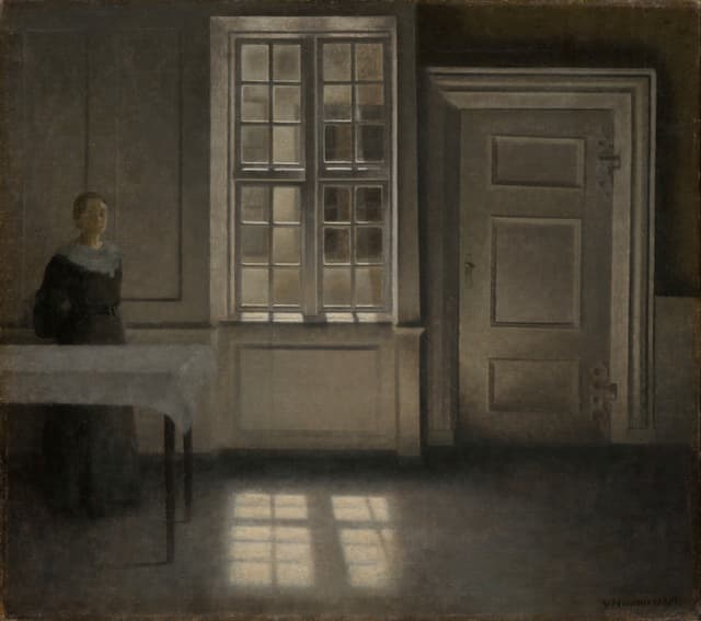 Hammershøi's room. Grey walls, one door, nothing on the table. That's a character who left, and the set says so without her.