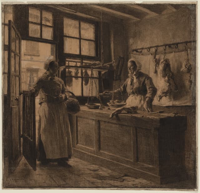 Butcher's, 1881. Tile, hook, scale. A shop is a system of three props repeated.