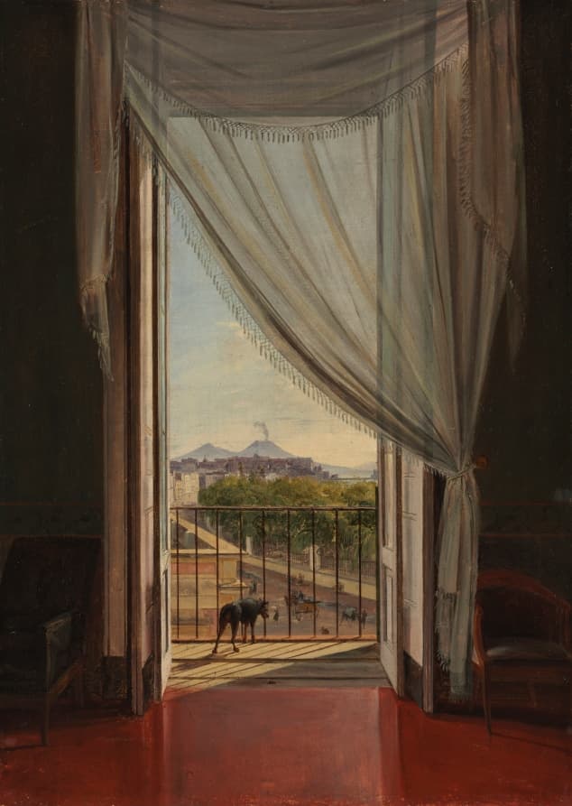 The city through the window, the room in shadow. The character is the one who isn't looking out.