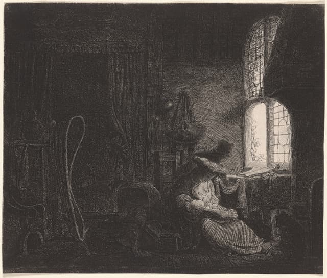 A holy family in a plain Dutch room, 1643. The set doesn't know it's a miracle. Keep it that way.