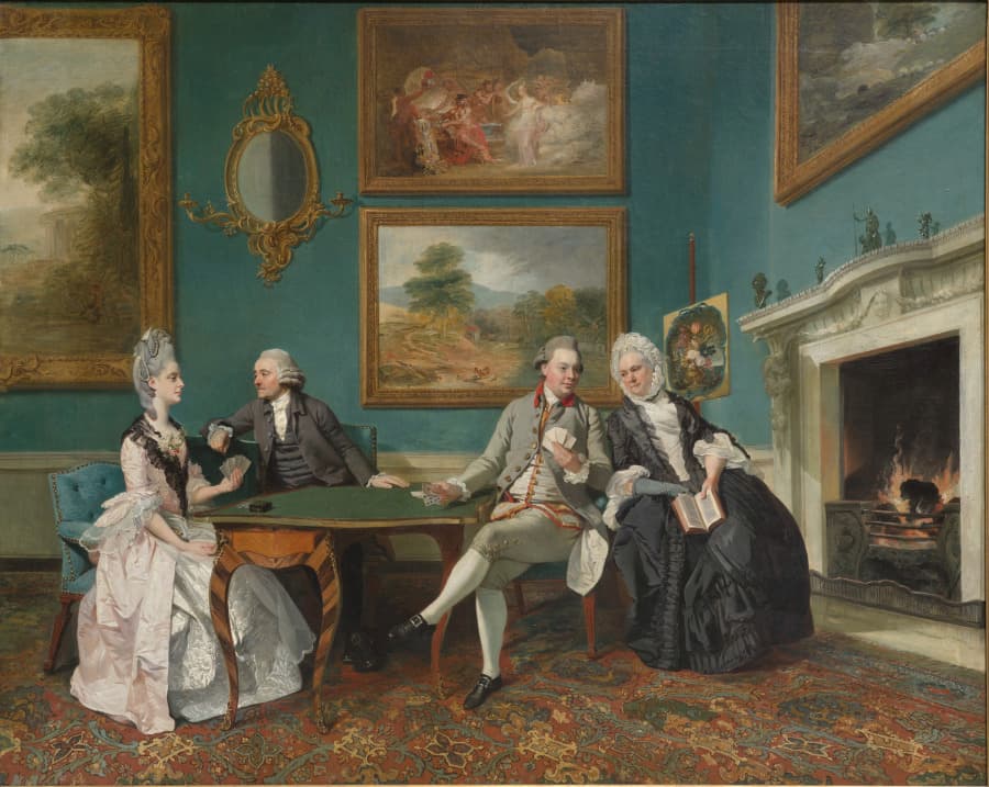 Drawing room, 1772. Count the chairs: more chairs than people. Someone is expected. Dress for the absent guest.