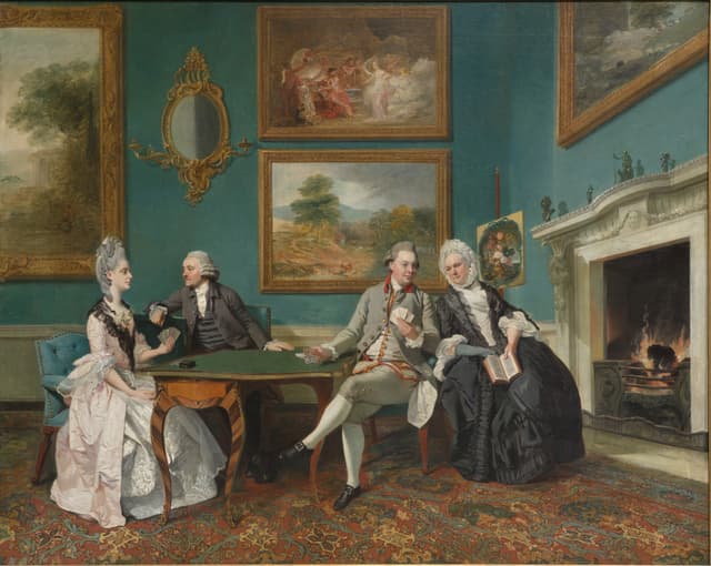 Drawing room, 1772. Count the chairs: more chairs than people. Someone is expected. Dress for the absent guest.