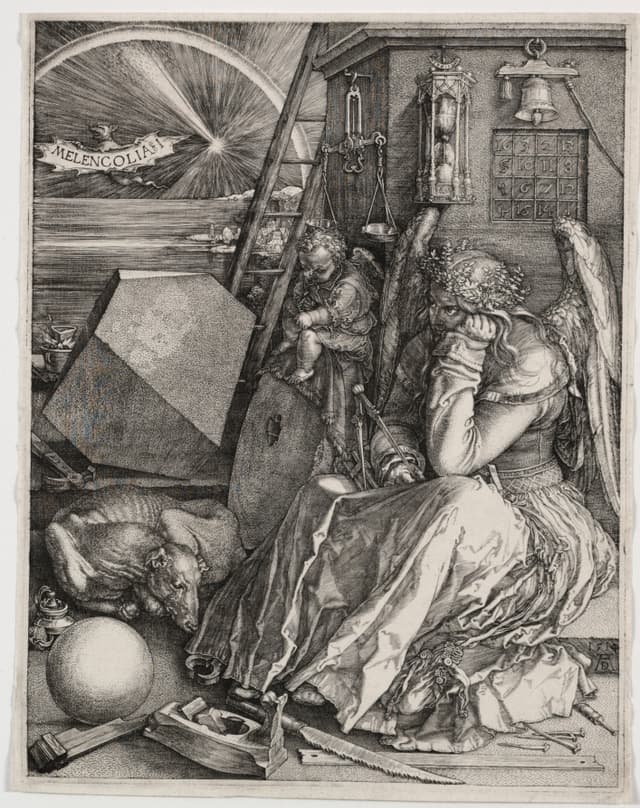 Dürer's tools on the floor: compass, plane, ladder, nails. A still life of making. The angel is bored because the work is done.