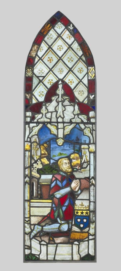 A donor in stained glass, 1480. The first avatar: your face, lit from behind, forever.