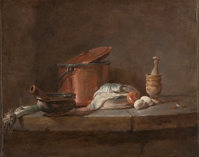 Chardin: copper, leeks, a cloth. Props that have been used. I'd age everything on the set to this.