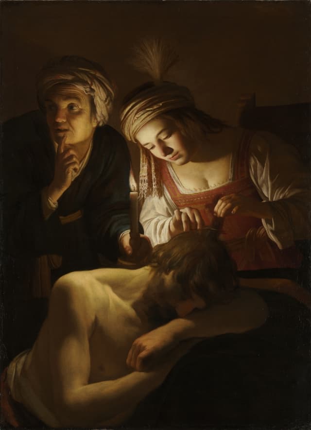Honthorst hides the candle behind a hand. Same trick as a flag on a 300W: you see the light, never the source.