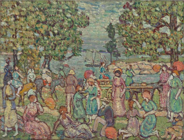 Prendergast's beach: colour dots, people as rhythm. Group fashion, 24mm, everyone moving.