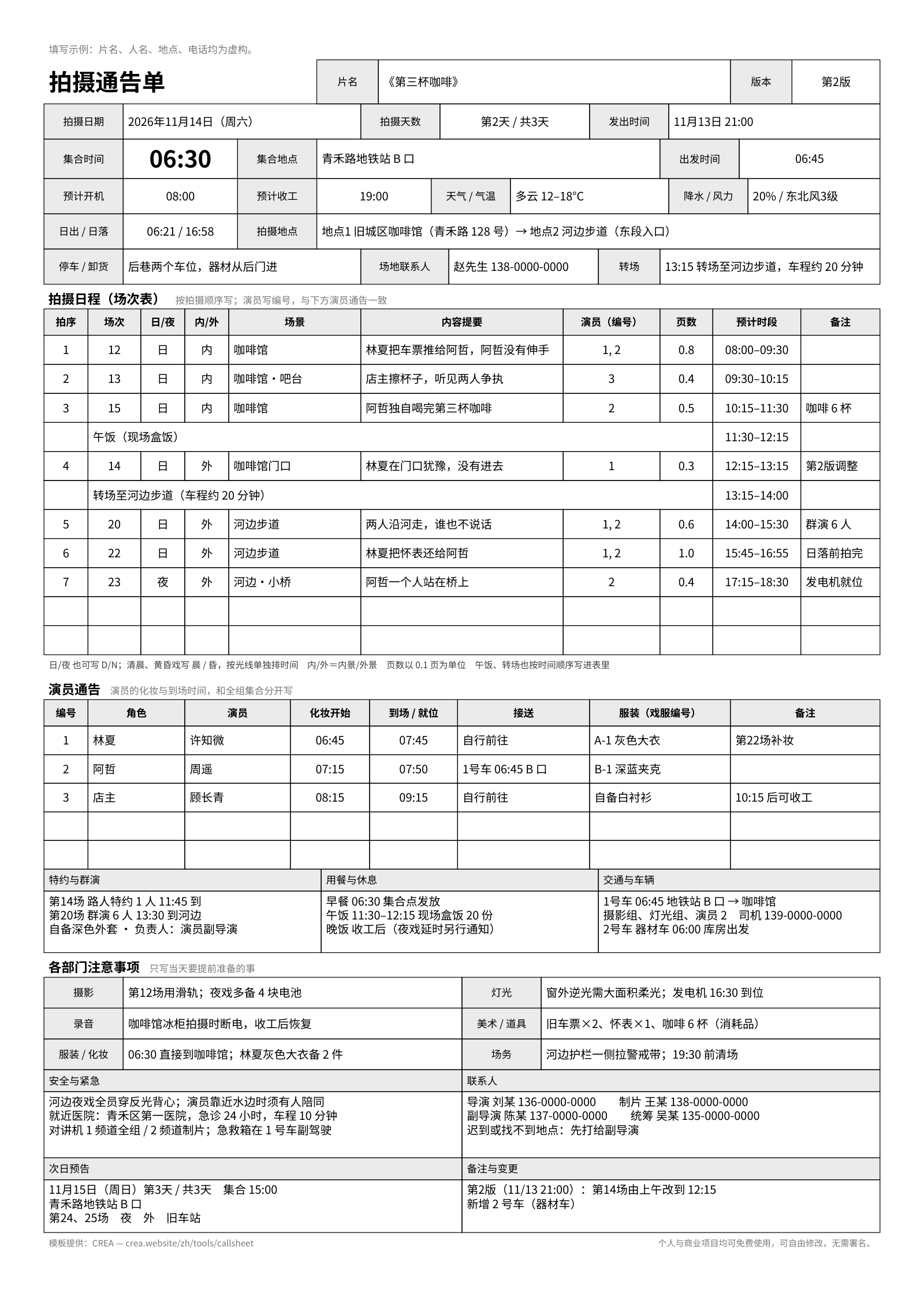 拍摄通告单模板填写示例：虚构短片《第三杯咖啡》第2天的通告单