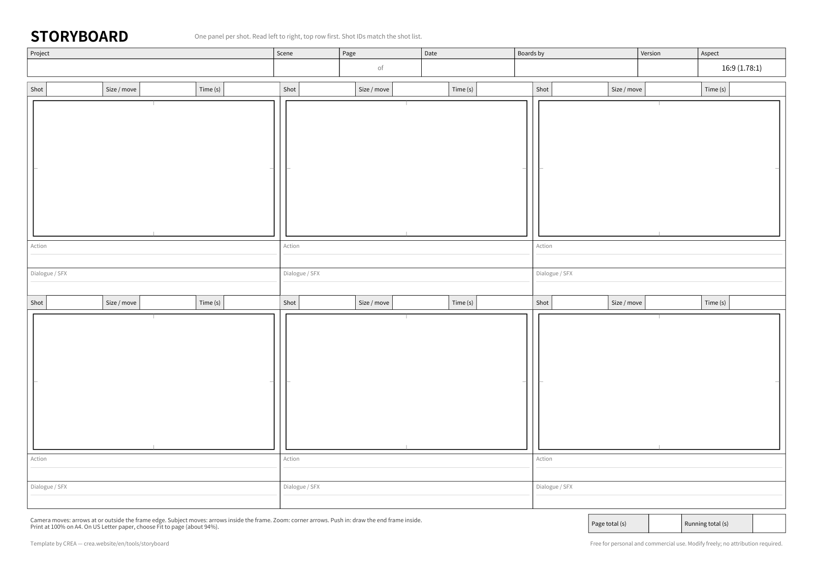 A blank 16:9 storyboard sheet from the free template